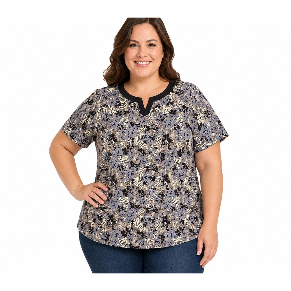 White Stag Women's 3X Floral Paisley Short Sleeve Top Blue Black Cream Keyhole
